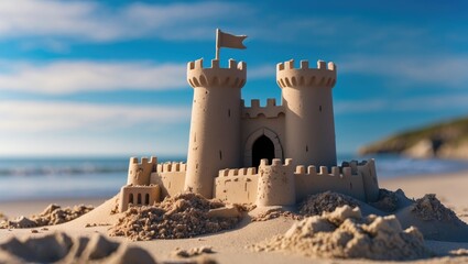 Sandcastle on beach with ocean in background under blue sky during daylight Copy Space