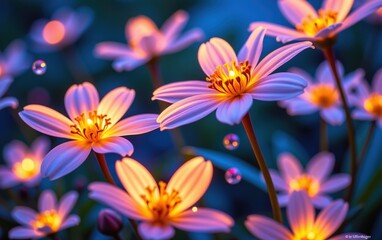 Obraz premium A stunning close-up of vibrant, glowing flowers in full bloom, illuminated with soft golden light. 