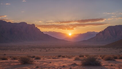 Fototapeta premium Desert landscape with mountains and distant sun setting over horizon during twilight hour Copy Space