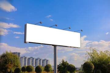 Large white billboards for outdoor advertising and information boards along the roads and on the streets of the city. Background for design and advertising.