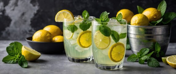 Refreshing lemonade with mint leaves and lemon slices in glasses with lemons and mint leaves on a textured background Copy Space