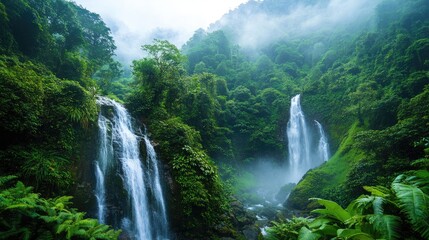 Fototapeta premium Sekumpul waterfalls flowing through lush green vegetation in bali