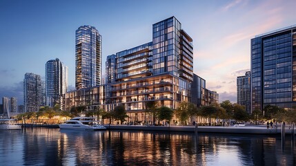 Naklejka premium business tower’s glass surface mirrors sunset with glowing interiors image