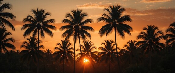 Naklejka premium Silhouette of palm trees against a vibrant sunset sky with orange and yellow hues and sun peeking through the foliage Copy Space