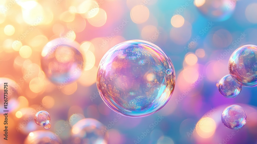 Poster Soap bubbles floating on a colorful bokeh background creating a dreamlike atmosphere