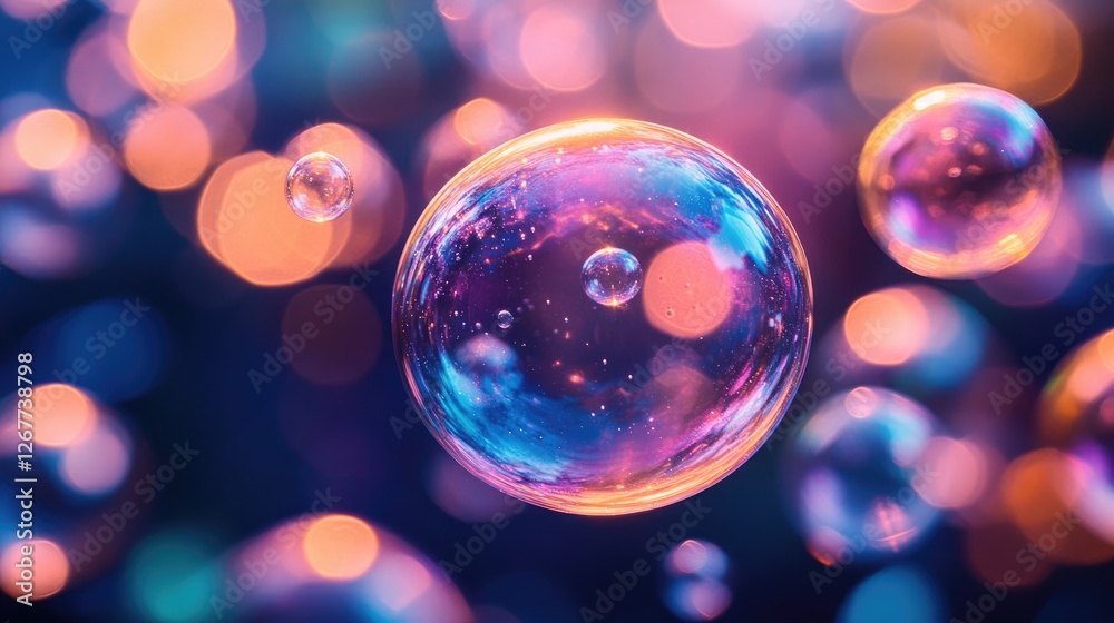 Poster Soap bubbles floating showing vibrant colors with bokeh effect