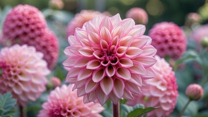 Fototapeta premium Pink dahlia flowers in full bloom with layered petals against a blurred background of similar blossoms Copy Space