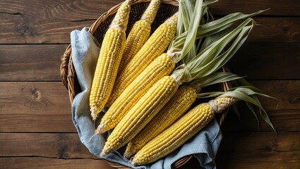 Fresh yellow corn cobs arranged in a basket with a blue cloth on wooden surface Copy Space