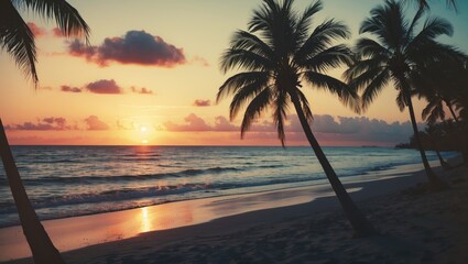 Tropical sunset over ocean with silhouette of palm trees on sandy beach and colorful sky, tranquil atmosphere, Copy Space