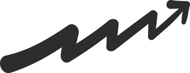 Simple, black, hand drawn arrow zigzaging upwards, symbolizing growth, progress, and achievement in business, finance, or personal development