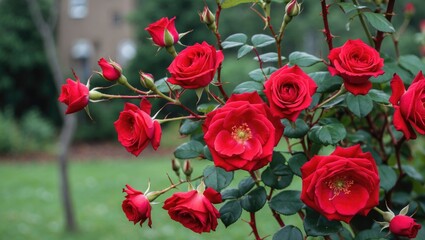 Obraz premium Vibrant red roses blooming on bush with selective focus and green blurred background suitable for floral designs Copy Space