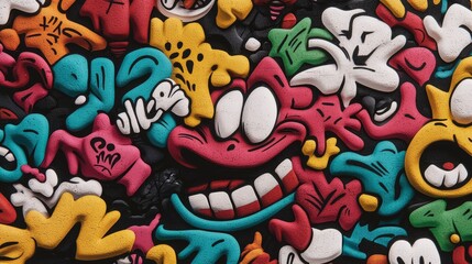 Obraz premium Colorful smiling cartoon character artwork with abstract elements on black background