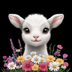 Gentle white lamb portrait with colorful flowers on dark background
