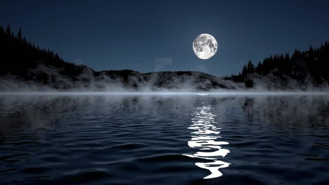 video capturing the serene beauty of moonlight reflecting on the calm surface of a tranquil lake at night.
