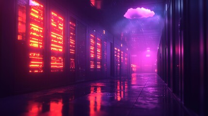 Neon-lit server room corridor, cloud data center, futuristic tech
