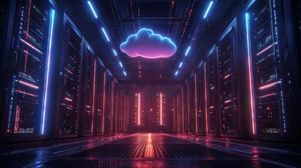 Neon-lit server room; cloud data center; futuristic tech