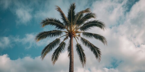 Obraz premium Palm tree against a blue sky with clouds and sunlight suitable for nature backgrounds and travel concepts Copy Space