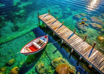 Obraz premium Wooden pier and small boat, captured from above. Drone photo.