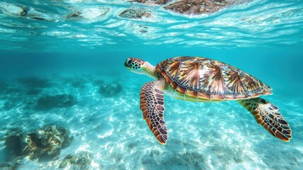 Obraz premium Beautiful Sea Turtle Swimming Underwater: Vibrant Marine Life in a Serene Coral Reef Ecosystem