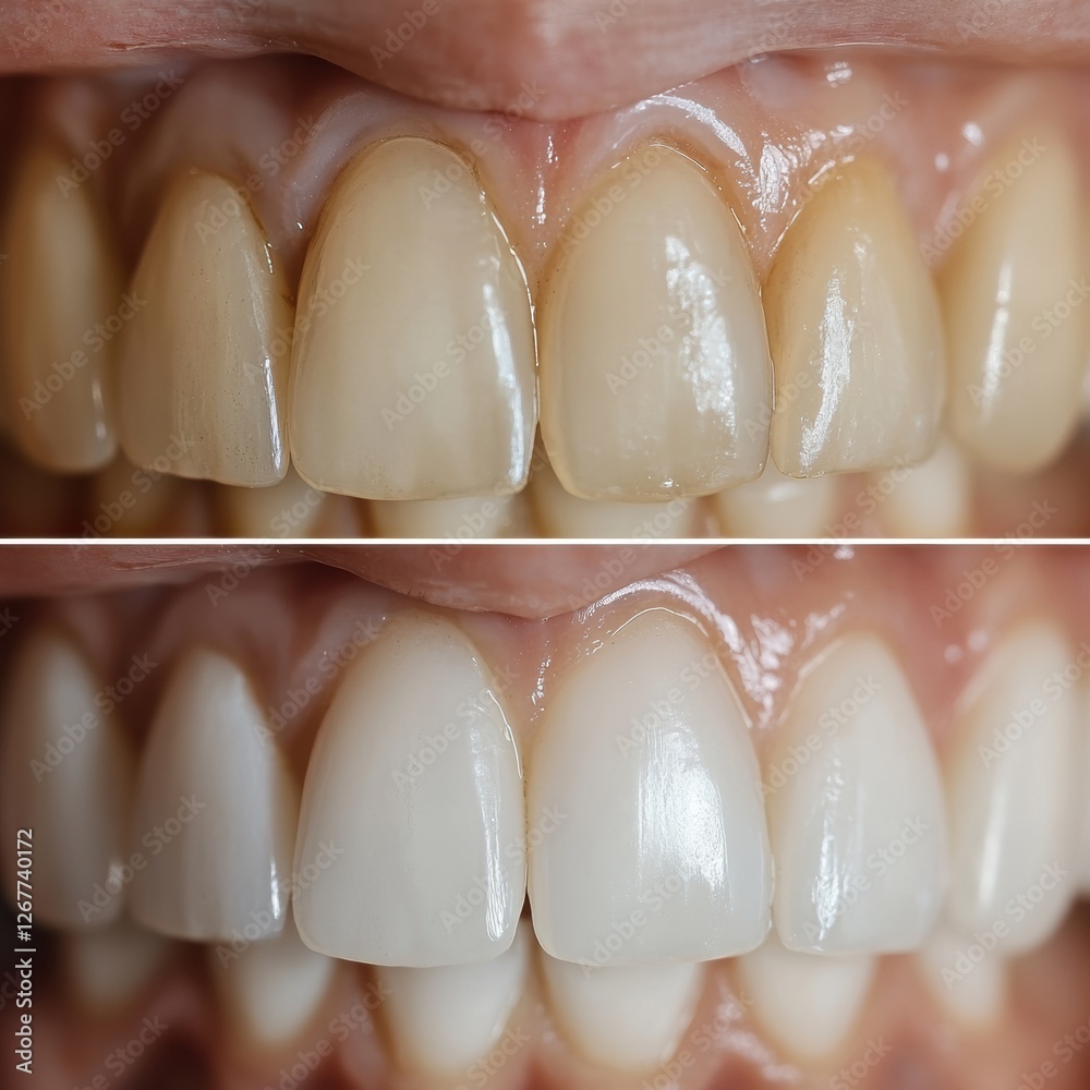 Poster effective teeth whitening transformation showing noticeable brightness improvement for a confident s