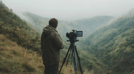 Filming misty mountain valley landscape