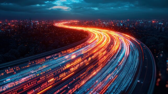 Fototapeta Night city highway data stream, futuristic traffic flow, digital transformation
