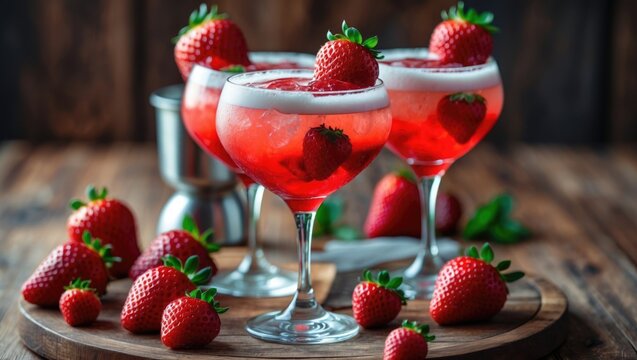 Strawberry cocktails with fresh strawberries on a wooden table with a rustic background and copy space for text.