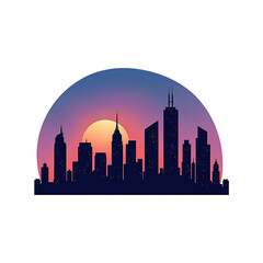 Naklejka premium An abstract interpretation of a city skyline at dusk, featuring stylized skyscrapers silhouetted against a vibrant sunset sky.