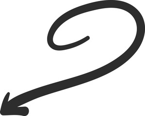 Simple, thick, hand drawn arrow pointing down and making a loop, isolated on a white background, ideal for educational or business presentations