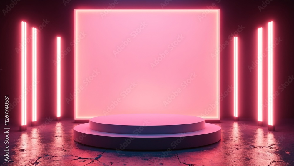 Poster pink neon light product background stage or podium pedestal on grunge street floor with glow spotlig