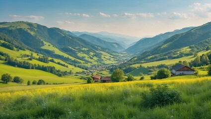 Fototapeta premium Panoramic view of lush green valley with rolling hills and distant mountains under clear blue sky with scattered clouds and sunlight. Copy Space