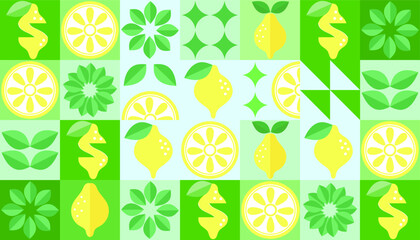 Lemon geometric background. Vector minimalist style pattern. Bauhaus trend. Abstract illustration of lemon, leaves, symbols. Simple icon.