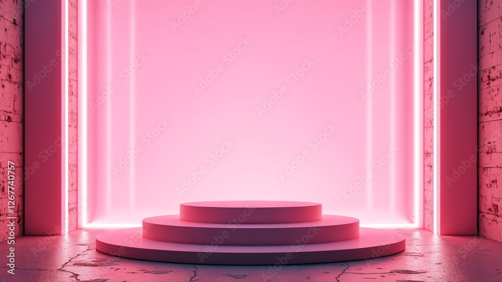 Poster pink neon light product background stage or podium pedestal on grunge street floor with glow spotlig