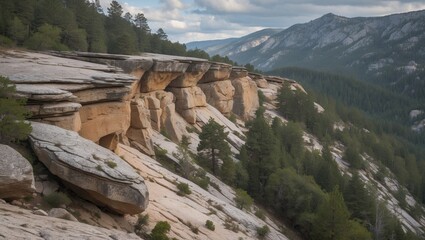 Landscape of rocky cliffs with layered stone formations and green pine trees in mountainous region under cloudy sky