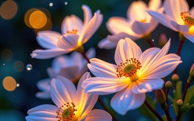 Fototapeta premium A stunning close-up of vibrant, glowing flowers in full bloom, illuminated with soft golden light. 