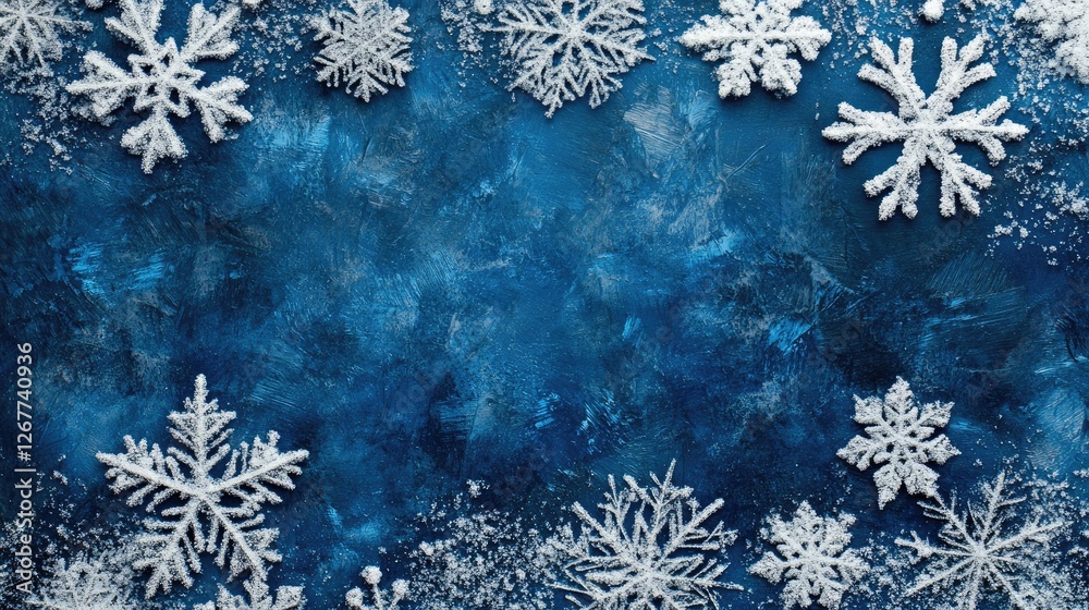 Poster christmas background with snowflakes forming a frame on blue surface