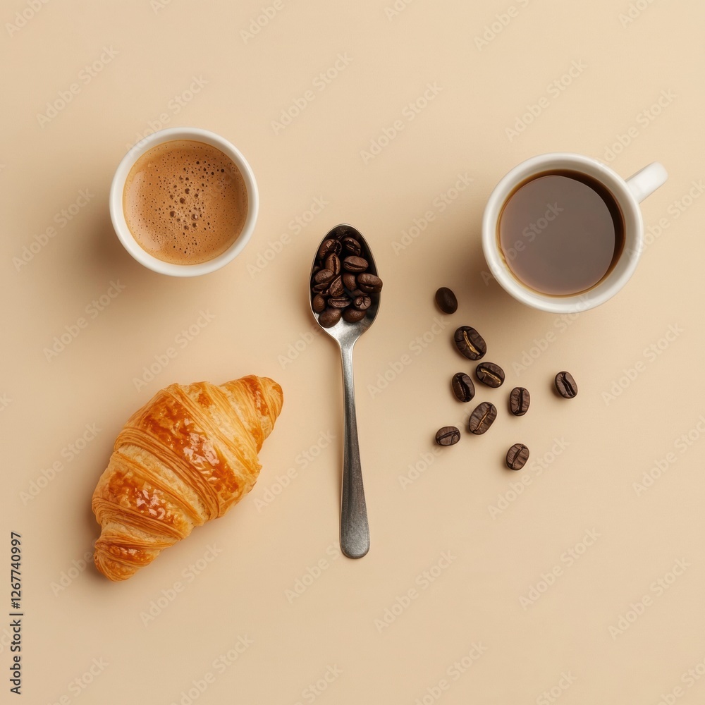 Aufkleber Enjoying coffee and croissant in a cozy setting with rich aromas and delightful flavors at breakfast time. Generative AI