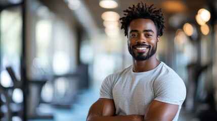 Fototapeta premium A smiling man in a vibrant workout outfit stands confidently in a brightly lit gym, surrounded by modern fitness equipment