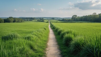 Lush green rural landscape with a dirt path leading through fields under a clear sky ideal for nature imagery and outdoor projects