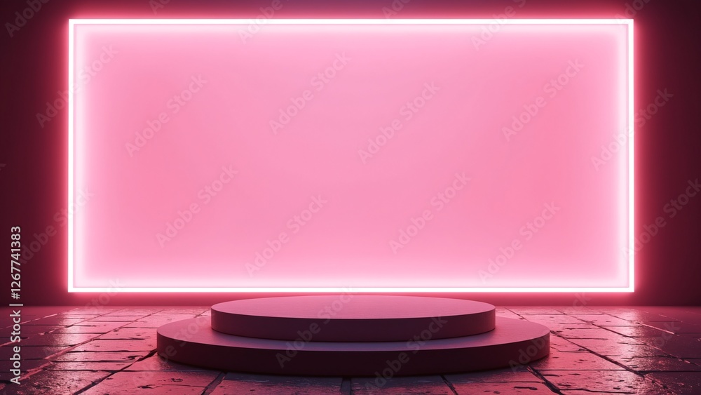 Poster pink neon light product background stage or podium pedestal on grunge street floor with glow spotlig