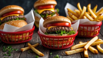 Burgers with cheese and fresh vegetables in red baskets with fries on wooden table Copy Space