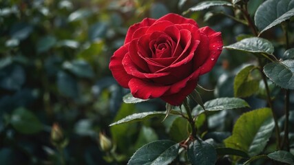 Red rose flower in full bloom surrounded by green foliage with a soft light focus and droplets of water on petals Copy Space