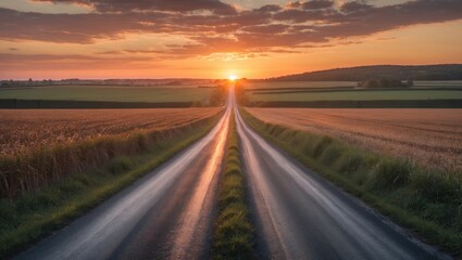 Fototapeta premium Scenic rural road at sunset with fields on either side and dramatic sky in background Copy Space
