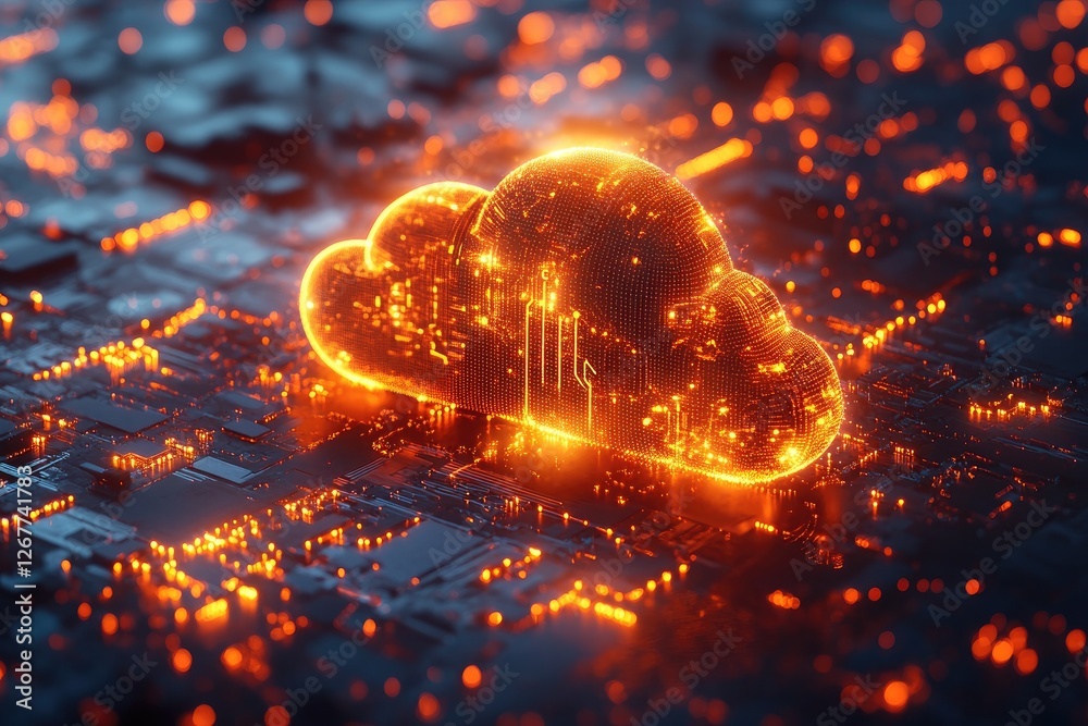 Poster Cloud computing, digital cloud symbol floating over motherboard, futuristic technology and data storage