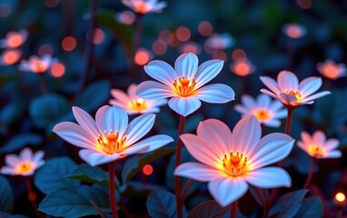 Fototapeta premium A stunning close-up of vibrant, glowing flowers in full bloom, illuminated with soft golden light. 