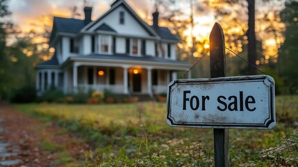 Obraz premium Large country home with 'For Sale' sign at dusk