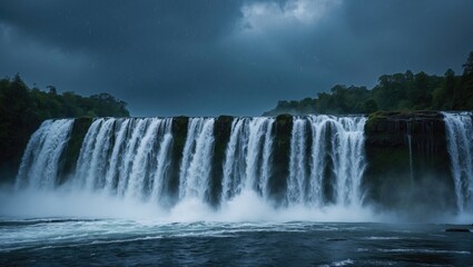 Fototapeta premium Majestic waterfall cascading down rocky cliffs under a stormy sky with dark clouds and mist in the foreground Copy Space