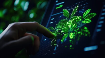 Digital Interaction with Virtual Green Plant on Futuristic Screen
