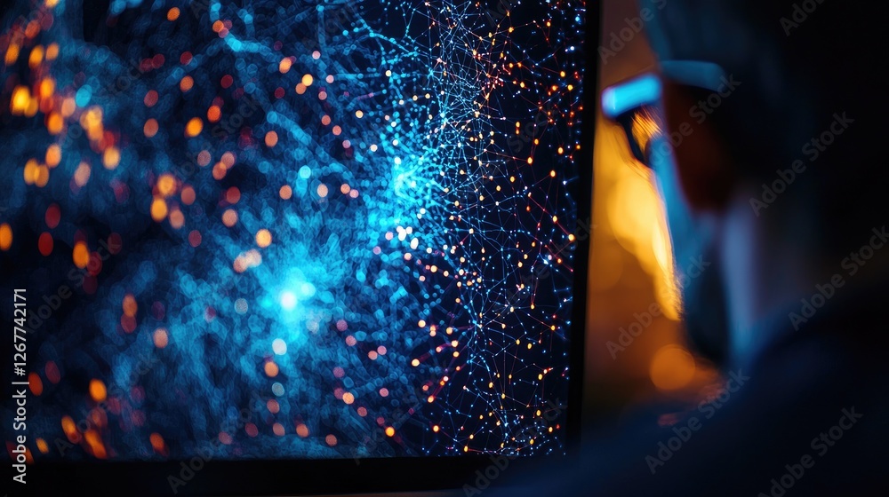Poster abstract network visualization on computer screen with backlight