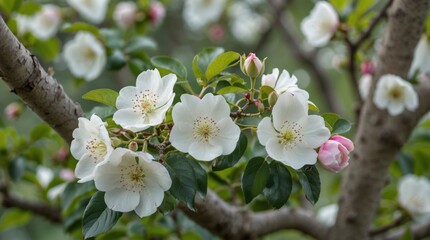 Fototapeta premium Apple tree blossoms on branch with white flowers and pink buds in soft-focus garden background Copy Space